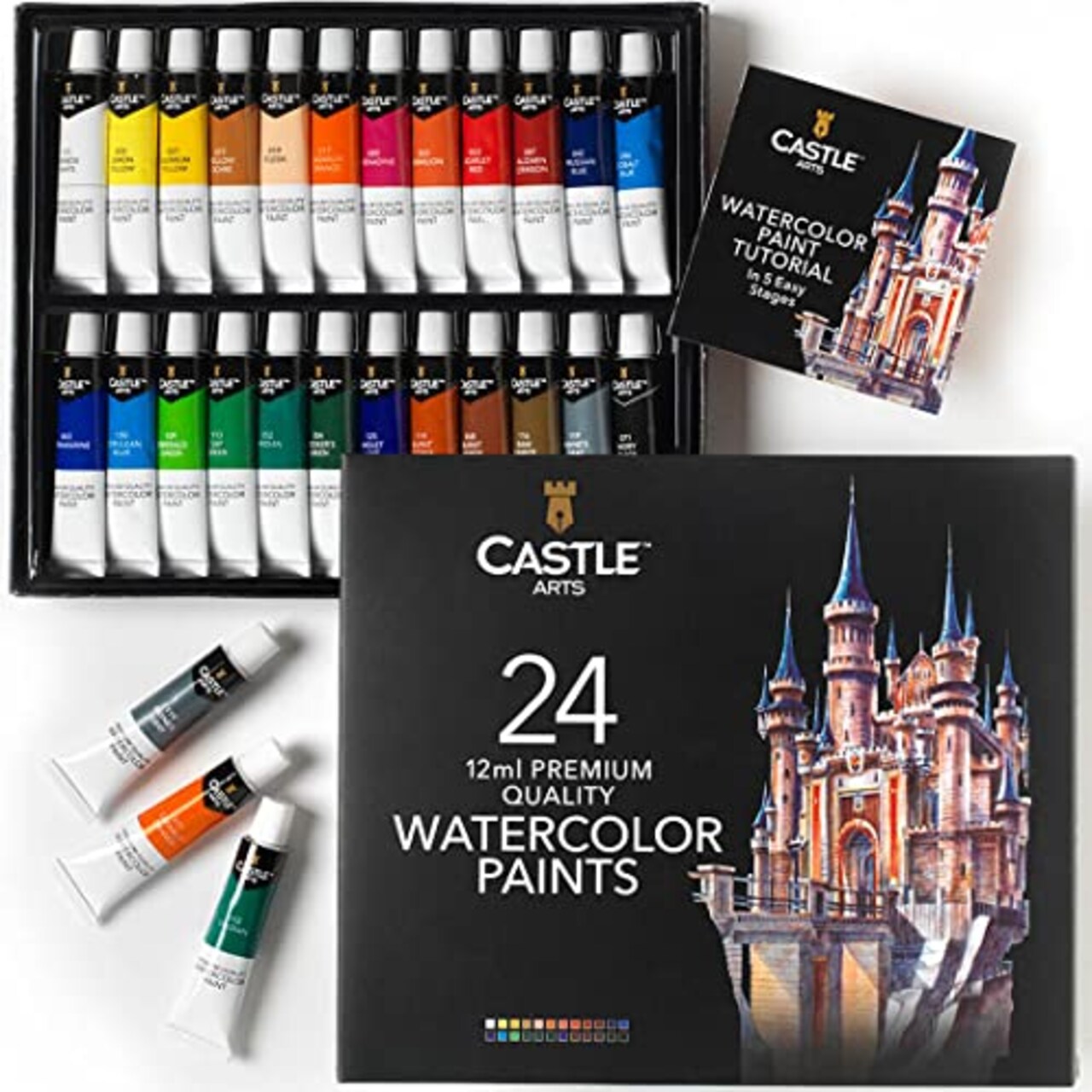 Castle Art Supplies 24 x 12ml Watercolor Paint Tube Set, Value for Adult  Artists, Quality, Intense Colors, Just Squeeze The Tube, Mix with Water  and Get Creative, in Delightful Presentation Box